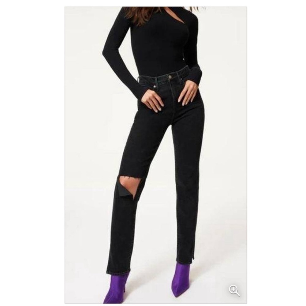 NWT Good American Black Denim Good Boy Straight Leg Jeans Busted Knee 16